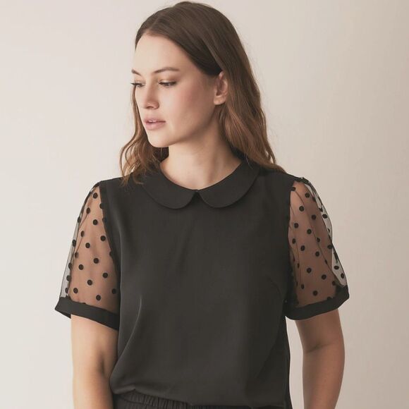 Allegra K Black Coquette Blouse with Sheer Polka Dot Sleeves. Size 3X. NWT - Picture 1 of 8
